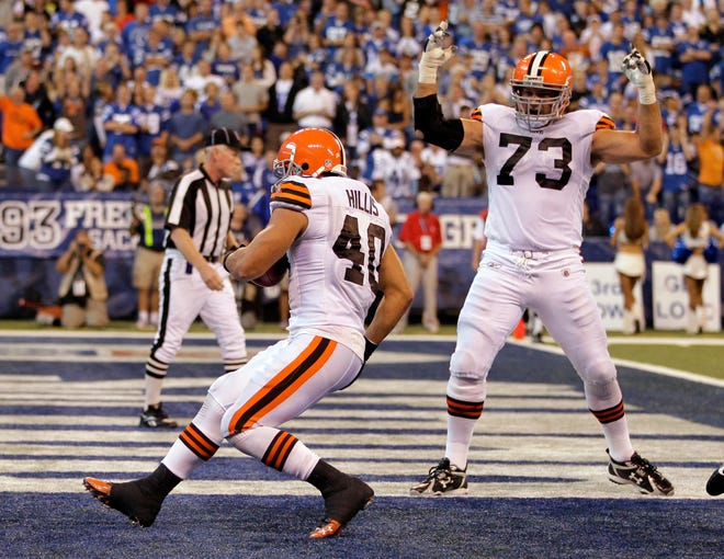 Cleveland Browns offensive tackle Joe Thomas, who is making his fifth straight Pro Bowl, celebrated as running back Peyton Hillis scored a touchdown earlier this season.