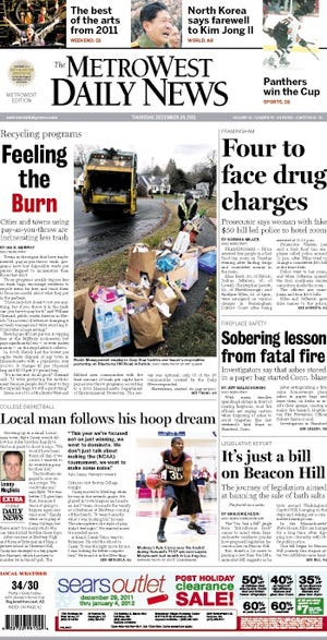 The front page of the 12/29/11 MetroWest Daily News