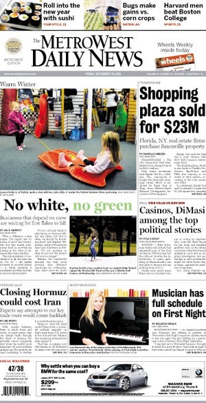 The front page of the 12/30/11 MetroWest Daily News.