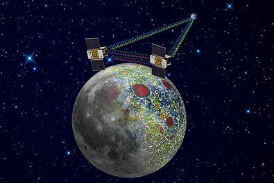 An artist's rendering showing the two Grail spacecraft in orbit around the Moon. By collecting gravity data, scientists hope to get a better picture of the Moon's internal structure.
