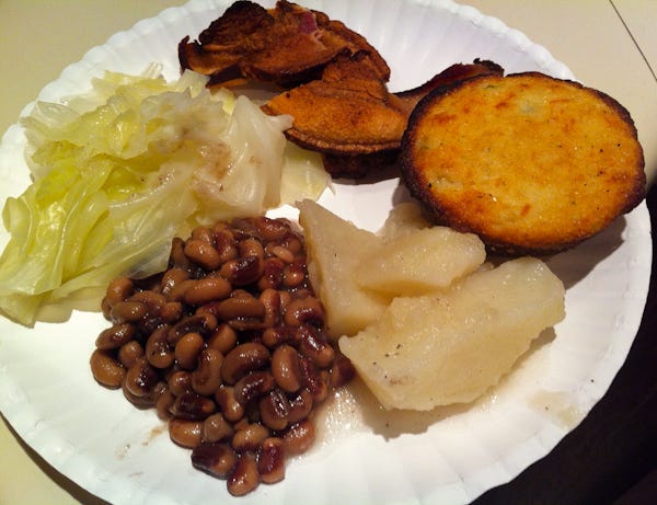 Fried hog jowl, cornbread, potatoes, black-eyed peas and cabbage are great foods to ring in the new year — even if they don't bring good luck.