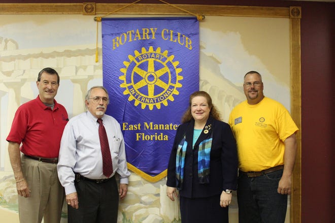 The Rotary Club of East Manatee, An Eco Rotary Club, recently inducted three new members. Club President Ross Russo, right, is shown with, from left: Rich Zang, of Palmetto, CEO and national sales manager for Easi-Dig Inc.; George Benjamin, of Palmetto, social security specialist for Legler & Flynn, Attorneys; and Ginger Perusek, of Parrish, associate and owner of Ginger Perusek, LegalShield. The club meets at 7 a.m. Thursdays at Popi's Place IV, 3911 U.S. 301 N., Ellenton. For more information, call Rob Hunt, membership chairman and past president, at 284-8584 or visit ecorotary.org