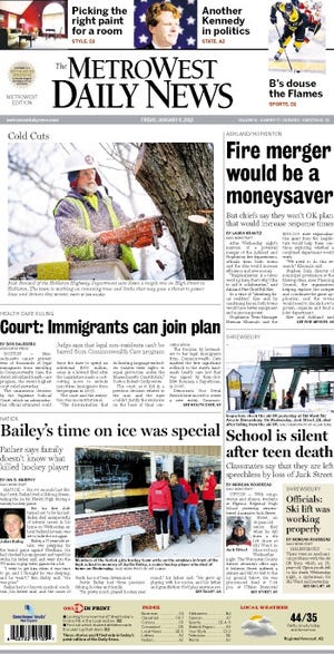 The front page of the 1/6/12 MetroWest Daily News.