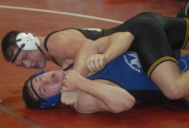 Perry’s Jo-Jo Tayse gains control of Marysville’s Thomas Taylor during a 195-pound matchup at Sunday’s Ohio Dual Championships. Tayse, who finished 3-0 in the tournament, defeated Taylor, 14-1.