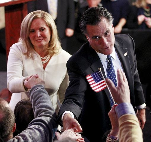 Republican presidential candidate, former Massachusetts Gov. Mitt Romney, and wife Ann celebrate his New Hampshire primary election win in Manchester, N.H., Tuesday, Jan. 10, 2012. (AP Photo/Charles Dharapak)