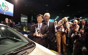 The 2012 Hyundai Elantra took top honors in the most exclusive automotive award in North America when it was named 2012 North American Car of the Year today at the North American International Auto Show. Sung Hyun Park, president, Hyundai R&D Division and John Krafcik, president and chief executive officer, Hyundai Motor America are seen here accepting the trophy.