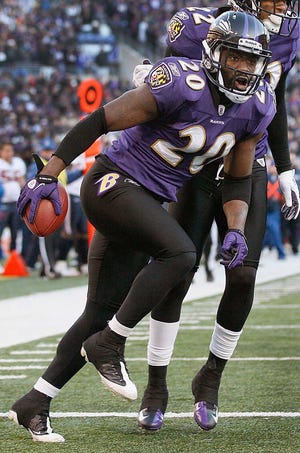 Baltimore Ravens free safety Ed Reed reacts to his interception during the second half of an NFL divisional playoff football game against the Houston Texans in Baltimore, Sunday, Jan. 15, 2012. The Ravens defeated the Texans 20-13. (AP Photo/Patrick Semansky)