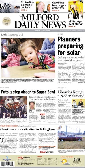 The front page of the 1/16/12 Milford Daily News.