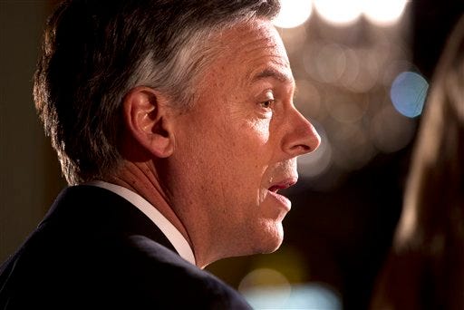 Republican presidential candidate, former Utah Gov. Jon Huntsman speaks at a primary election night rally Tuesday, Jan. 10, 2012, in Manchester, N.H. (AP Photo/Evan Vucci)