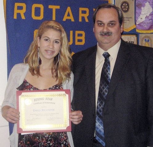Spaulding High School Junior Emily Beckwith, Rochester Rotary Club's Rising Star for November, is presented with her award by Rotary President Gerry Gilbert. 


Courtesy photo