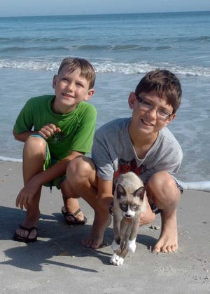 Tracy Mayo for Shorelines Remington (left) and Ranger Chenore like to play on the beach with their cat, Rocky, who likes to play in the surf.