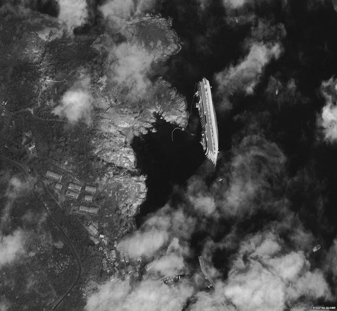 An image from space of the Costa Concordia off the Tuscan coast.