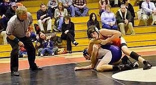 Courtesy Photo by Curt Carlson: Sanford wrestler Josh Moriarty on competes in a recent Sanford High School wrestling match.