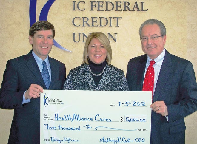Pictured at a recent check presentation are (left to right) Patrick Muldoon, President and CEO, HealthAlliance Hospital, Veronica Rosa, VP of Development and Public Relations, and Tony Cali, President, IC Credit Union.