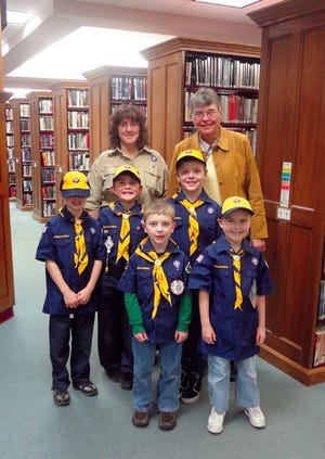 Western Pocono Community Library Director Carol Kern gave a tour of Western Pocono Community Library to a group of eager Cub Scouts on Jan. 16. In front from left are Austin Brush and Lyam Shook. In the second row from left are Connor Hample, Ryan Bonser and Christopher Staunton. In the back from left are Lori Bonser and Carol Kern.