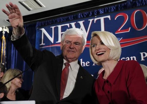 AP Photo/Matt Rourke - Republican presidential candidate and former House Speaker Newt Gingrich waves to the crowd with his wife, Callista, during a South Carolina Republican presidential primary night rally Saturday in Columbia, S.C.