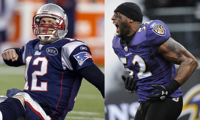 New England Patriots quaterback Tom Brady, and Baltimore Ravens linebacker Ray Lewis lead their teams into today AFC Championship Game at Gillette Stadium in Foxboro.

AP photos