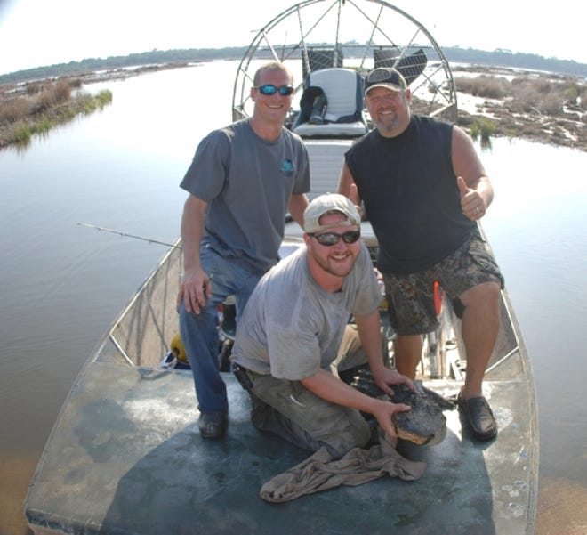 Larry the Cable Guy[r] in the field with an alligator, researcher James Nifong (right) and assistant Matt Welsh.