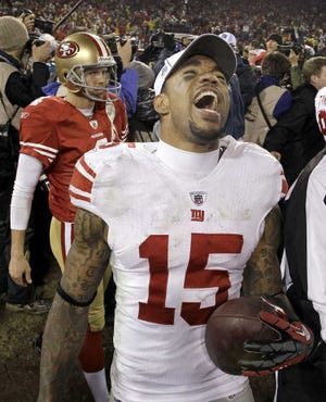 David J. Phillip Associated Press Giants wide receiver Devin Thomas (15) celebrates in front of 49ers punter Andy Lee (4) after the Giants' 20-17 overtime victory in the NFC Championship game Sunday.