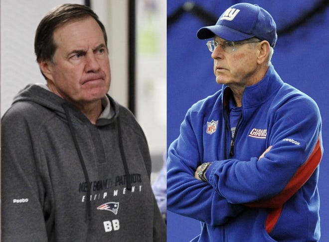 Patriots coach Bill Belichick, left, and Giant coach Tom Coughlin will meet again in Super Bowl XLVI.