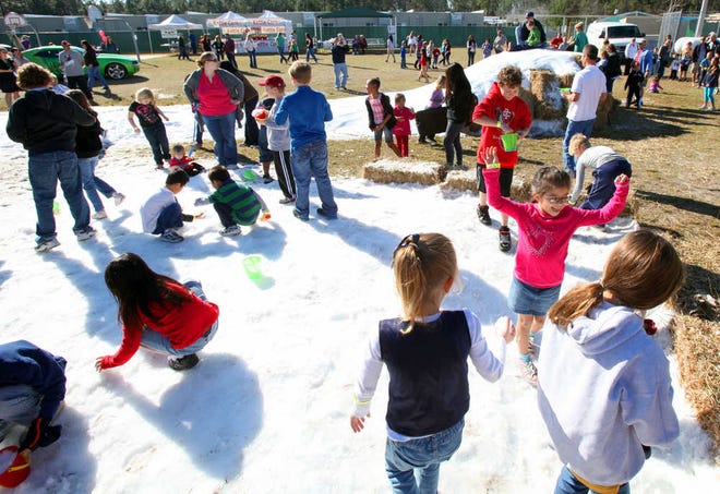 Children play in snow at Durbin Creek Elementary School during the DCE Cares Snow Much Day on Saturday, January 28, 2012. The events, in its fourth year, raises money for charities, including Dreams Come True of Jacksonville. BY DARON DEAN, daron.dean@staugustine.com