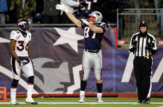 New England Patriots tight end Rob Gronkowski celebrates a first down against Denver Broncos on Jan. 14.