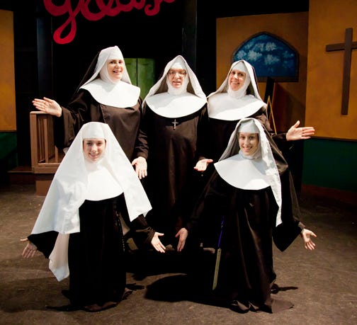 The cast of "Nunsense" in Flagler Playhouse. Back row: Kris Blancheck, Adam Mayo and Leslie Van Brink. Front row: Ashley King and Sarah Rogers.