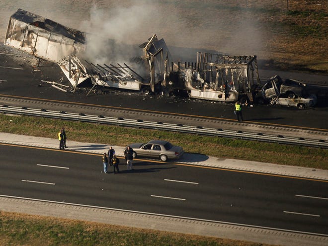 Aerial view of Interstate 75 in Gainesville where 11 people died as a result of multiple crashes Sunday January 29, 2012. The majority of the accidents happened in an area adjacent to where a brush fire was burning and producing heavy smoke.