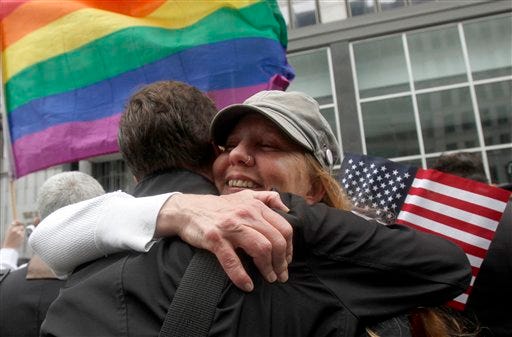 In this Aug. 4, 2010 file photo, Sheree Red Bornand, right, hugs Aidan Dunn after hearing the decision in the United States District Court proceedings challenging Proposition 8 outside of the Phillip Burton Federal Building in San Francisco. The 9th U.S. Circuit Court of Appeals ruled 2-1 Tuesday that a lower court judge correctly interpreted the U.S. Constitution and Supreme Court precedents when he declared in 2010 that Proposition 8 was a violation of the civil rights of gays and lesbians.
