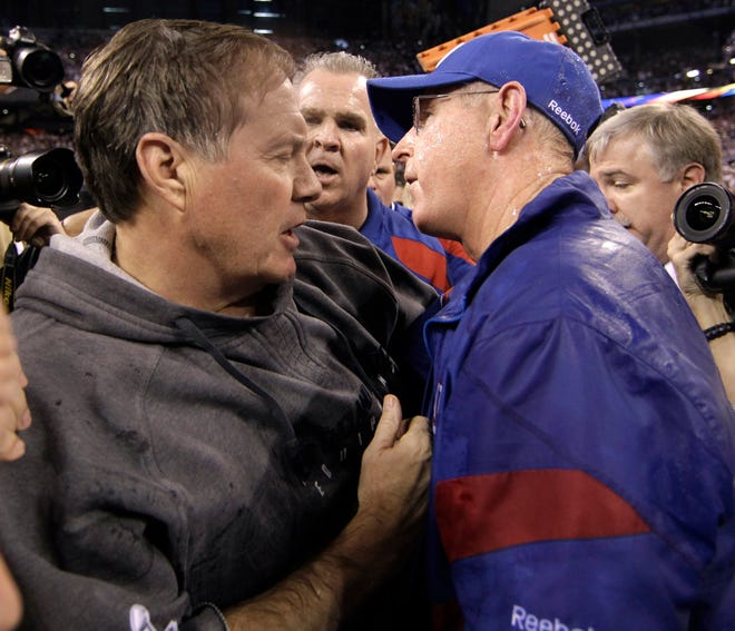 Patriots coach Bill Belichick (left) has now lost two Super Bowls to Giants counterpart Tom Coughlin after Sunday’s 21-17 defeat in Indianapolis.