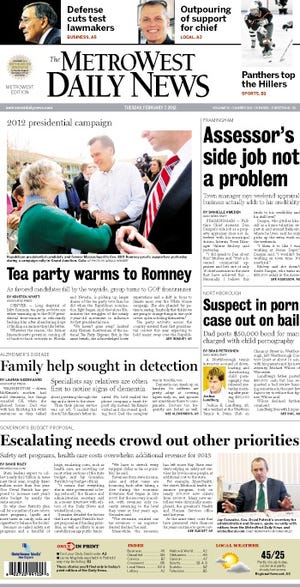 The front page of the 2/7/12 MetroWest Daily News.
