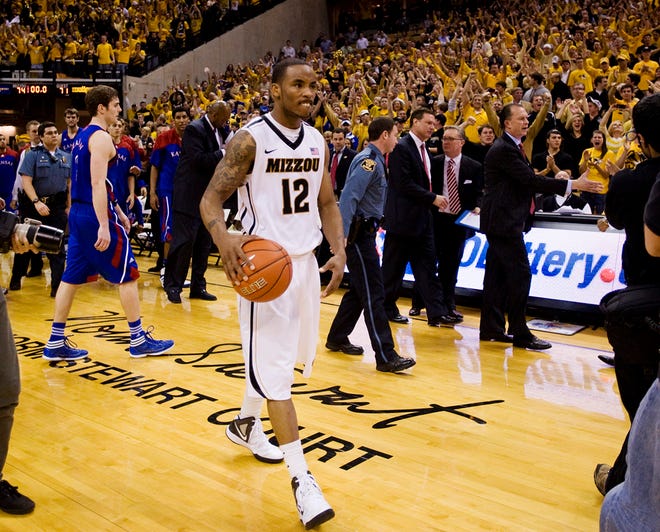 Marcus Denmon enjoys the aftermath of Missouri’s 74-71 victory over Kansas on Saturday at Mizzou Arena. Denmon entered the contest in an eight-game shooting slump, but he scored 29 against the Jayhawks and 25 two days later at Oklahoma.