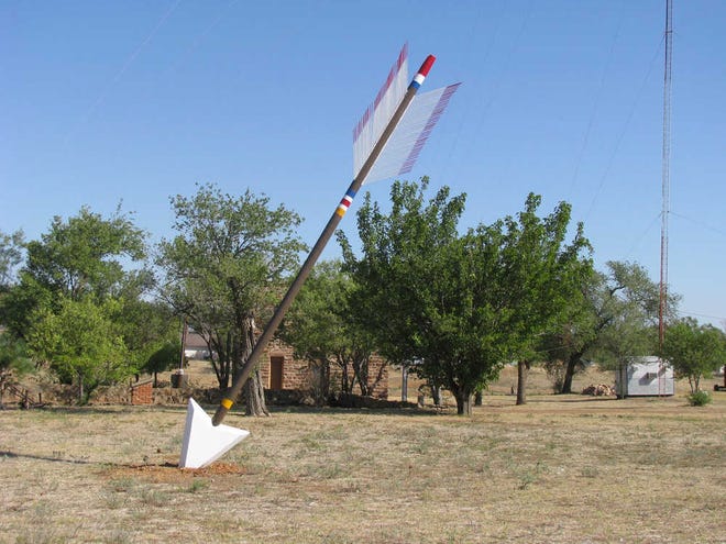 This Comanche arrow landed in downtown Matador Aug. 10, 2011, and is close to the historic 1891 Motley County Jail. It represents the first installed arrow on the Quanah Parker Trail that is being outlined across a 52-county region. (PROVIDED BY CAROL CAMPBELL)