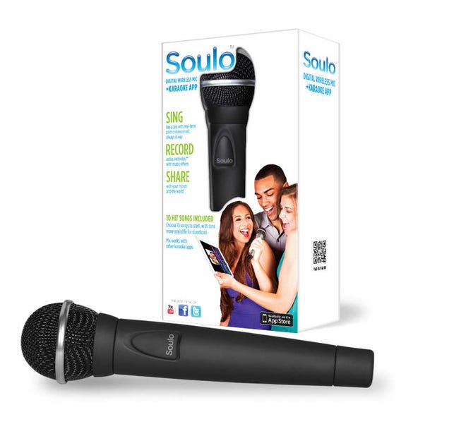 This product image provided by First Act, Inc., shows the Soulo Digital Wireless Mic and App, a consumer electronics product that turns an iPad into a karaoke machine. (AP Photo/First Act, Inc.)