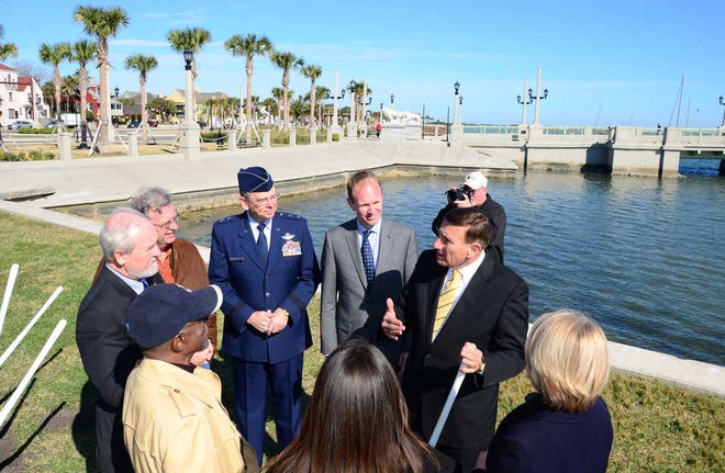 Congressman John Mica speaks to the crowd gathered on the bay front in St. Augustine for a groundbreaking of a $6.325 million project to improve the city's seawall on Monday, February 13, 2012. By PETER WILLOTT, peter.willott@staugustine.com