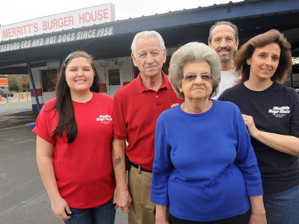 Three generations of Merritts are working at Merritt's Burger House, open on Carolina Beach Road since 1958. Christina Merritt (Gene's daughter) Graham Merritt (Judy and Gene's father) Ann Merritt, Gene Merritt, Judy Blackwelder (Gene's sister).