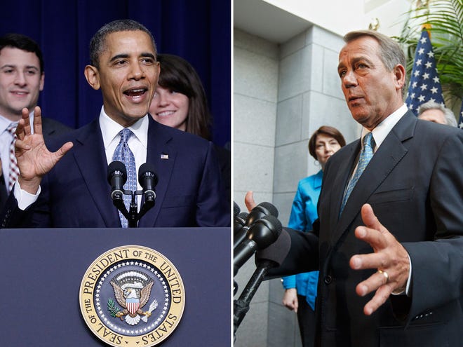 President Barack Obama, left, and House Speak John Boehner address the pay roll tax-cut deal this week. (AP photos)