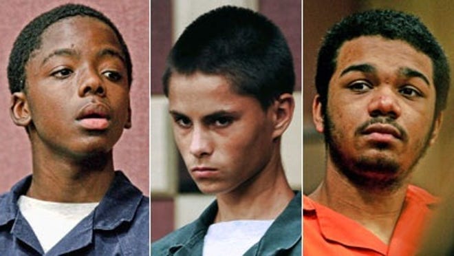 Shortly after their arrests in 2009 (l to r) Matthew Bent, Denver Jarvis and Jesus Mendez (October 30, 2009)