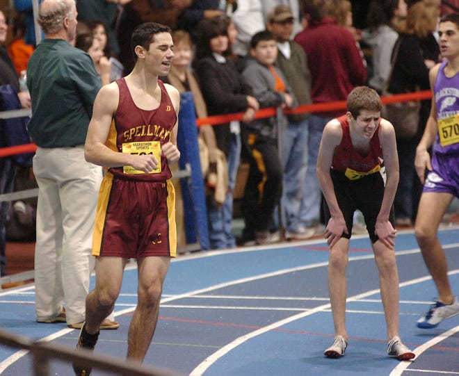 Spellman's Matt Norton was happy with a third in the 1000 meter run. The high school boys and girls indoor track Div. 4 championships were held at The Reggie Lewis Center on the campus of Roxbury Community College, Saturday, Feb. 18, 2012.