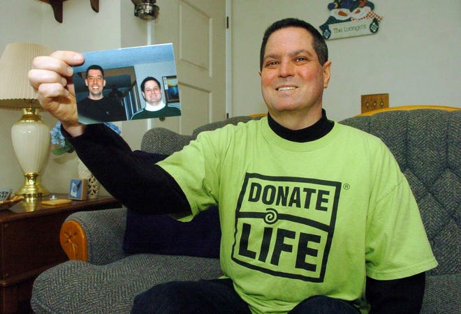 Michael Luongo, 40, of Norwich, received a kidney from his brother-in-law Shaun Patenaude, of Durham, seen in photo, nine years ago today.