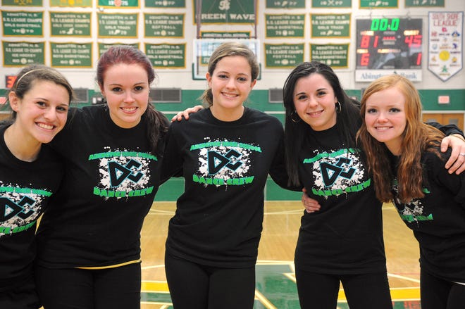 Marianna Porcello, 15, left, April Kegan, 16, Olivia Kurowski, 16, Cassi Welch, 18, and Vicky Lynch, 16, are the members of the first-ever Abington High School Dance Crew seen in the gym on Thursday, Feb. 16, 2012.