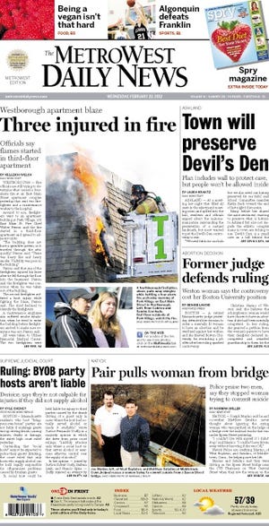 The front page of the 2/22/12 MetroWest Daily News.