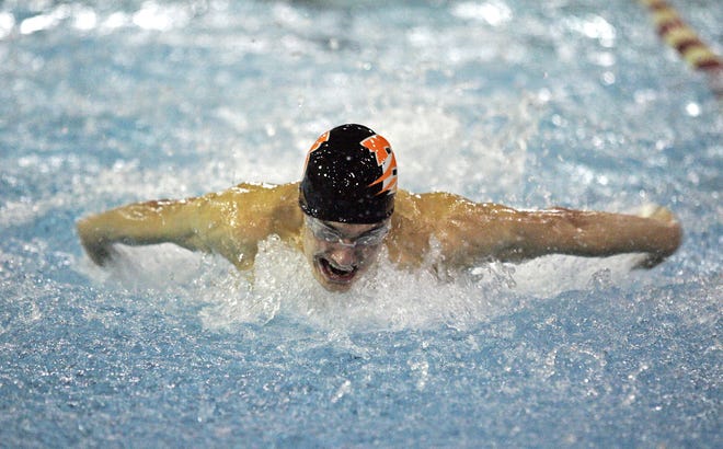 Byron High School's Aaron Helander swims in the 100-yard butterfly Saturday, Jan. 14, 2012, during the Jefferson Boy's Swimming Invitational at Jefferson in Rockford.
