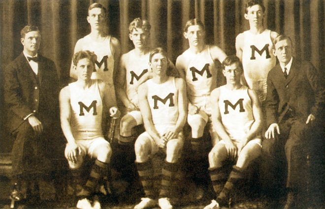 The first basketball team at Missouri, coached by Isadore Anderson, far left, went 10-6 and beat Kansas twice in 1907.