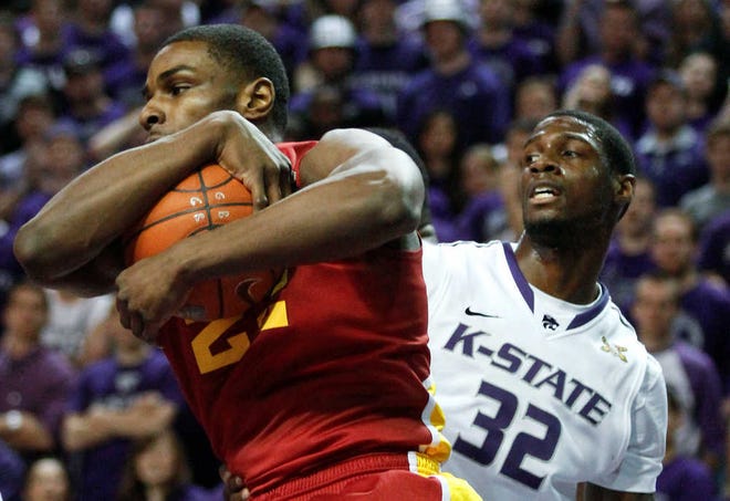Anthony Booker, left, and Iowa State didn't have many problems against Jamar Samuels and Kansas State at Bramlage Coliseum.