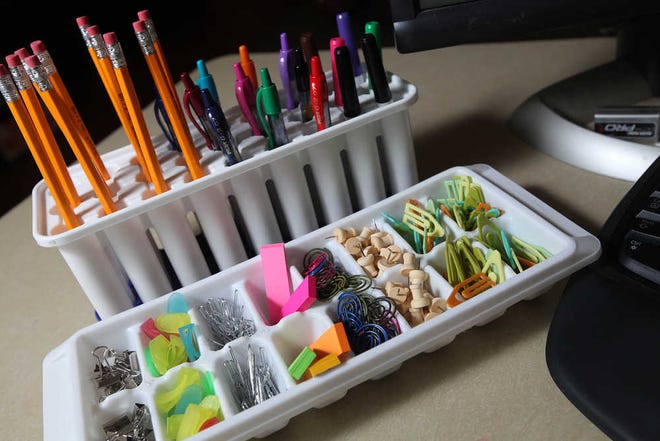 Extra ice trays are good way to add some organization to your work or home desktop.