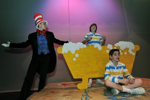 Ambridge High School will host the musical "Seussical" set for March 3, 4 and 5 in the school auditorium. Kyle Robinson, left, playing the Cat in the Hat, runs through a song with Ryan Mikush and Anthony DeMarco, who will share duty as Jojo.