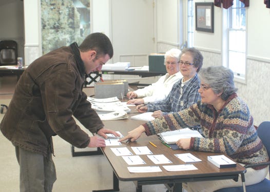 Steven Woodgate was one of the first voters to arrive early today for the Michigan primary, filling out the required paperwork with assistance from election officials Wanda Sawyers, Loretta Lines and Renee Hillock. Chippewa County voters will be helping to pick the Republican nominee for president until the polls close at 8 p.m. and will also be deciding the fate of road repair and maintenance renewal.