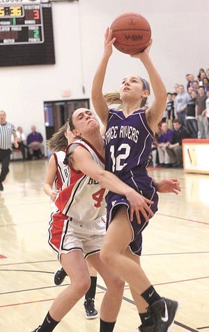 Three Rivers’ Bre Lester heads to the basket on Monday night.