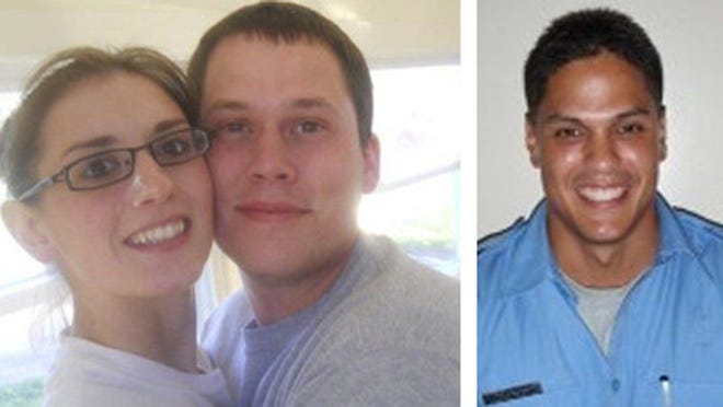 According to a report by WFTV.com, the body of Jerry Perdomo, right, has been found in a wooded area near Jackson, Maine. On left, Daniel Porter, 24, (pictured with girlfriend Cheyanne Nowak) was charged in the drug-related slaying of the Seminole County firefighter.